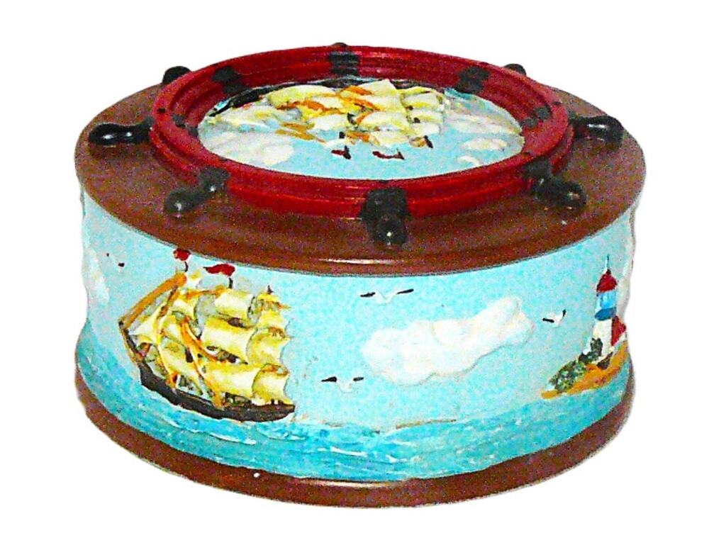 Vtg Style Resin Nautical Tall Ship Lighthouse  Trinket Storage Box Removable Lid